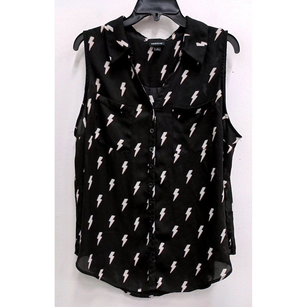 Torrid Lightning Bolt Sleeveless Button Up Top Women 1X Black Georgette Blouse